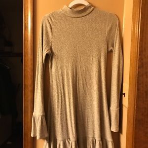 Tan mock neck ruffle sleeve dress from Express